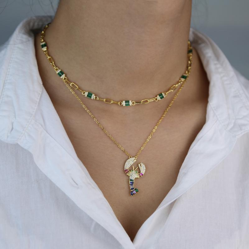 

gold color summer beach fashion gold link chain baguette green cz fashion jewelry cute lobster pendant charm necklace for women