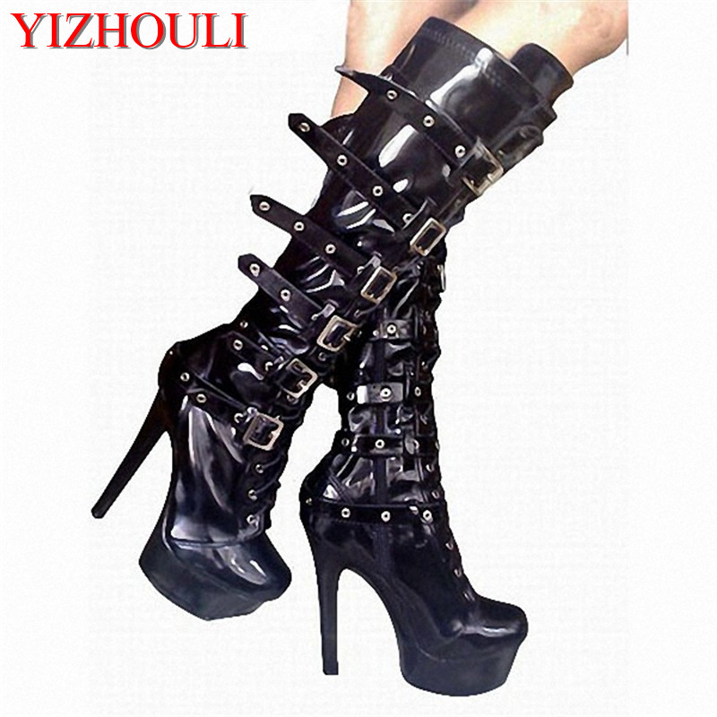 

High 15 cm high - size sexy silver black knee boots, PU material round toe heels, rivet decoration new sexy boots