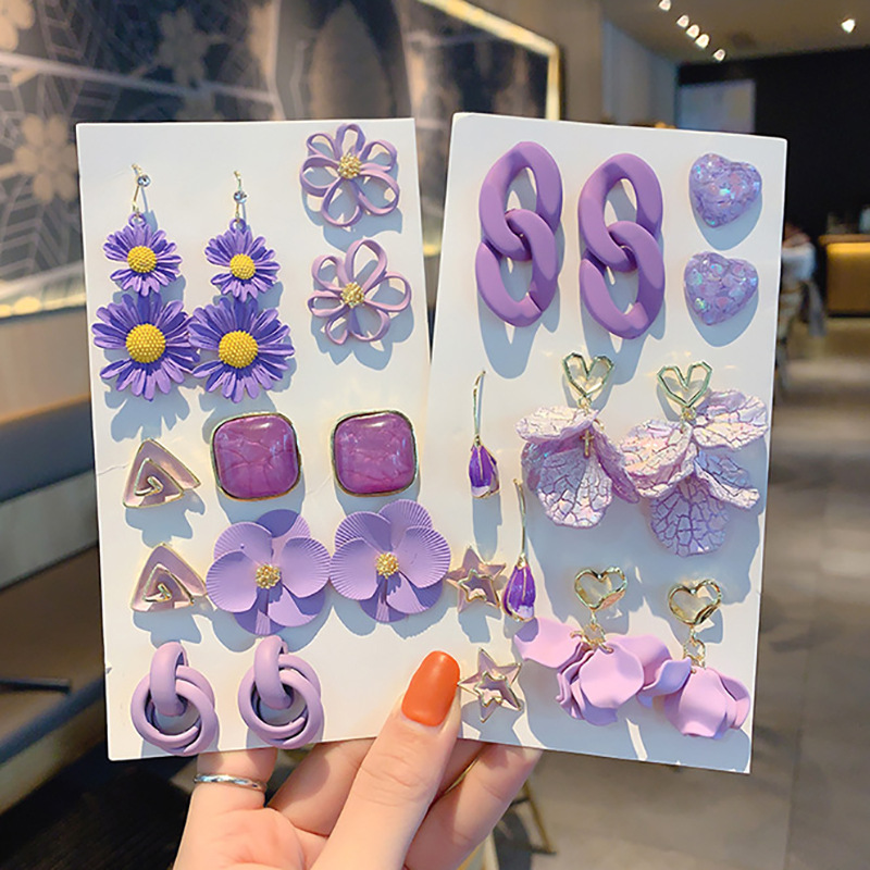 

Stud 32 Style Fashion Purple Earrings Female Geometric Flowers Personality Simple Temperament