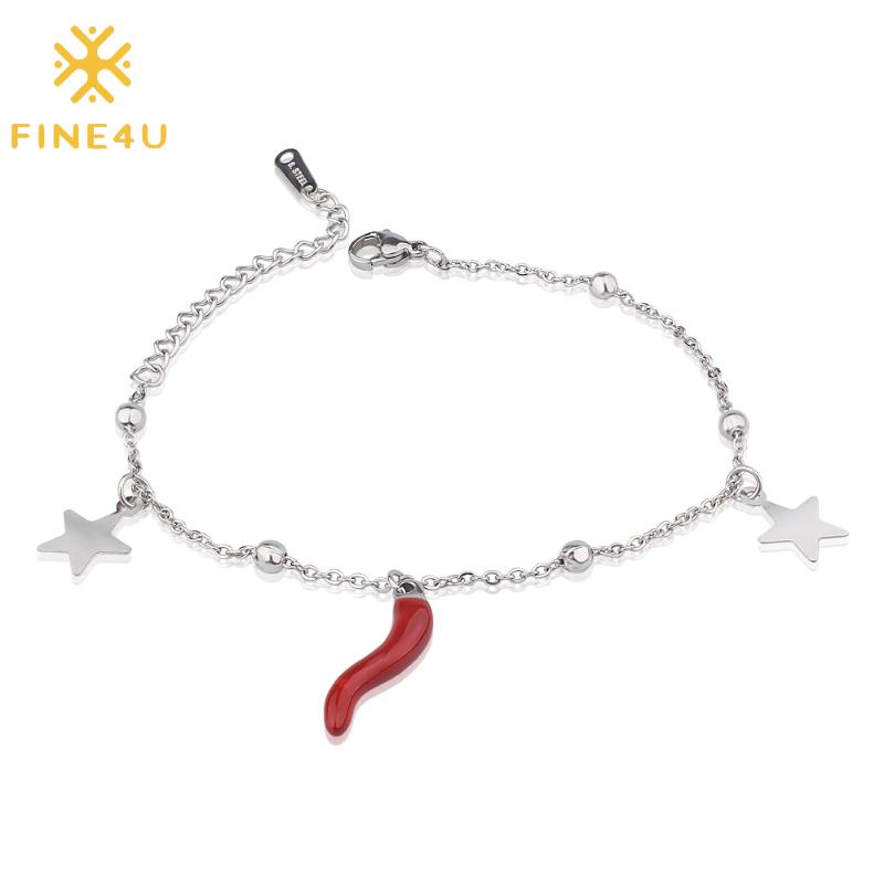 

FINE4U B324 Handmade Dainty Star Red Chilli Bracelet Stainless Steel Link Chain Lucky Beads Bracelets Friendship Jewelry
