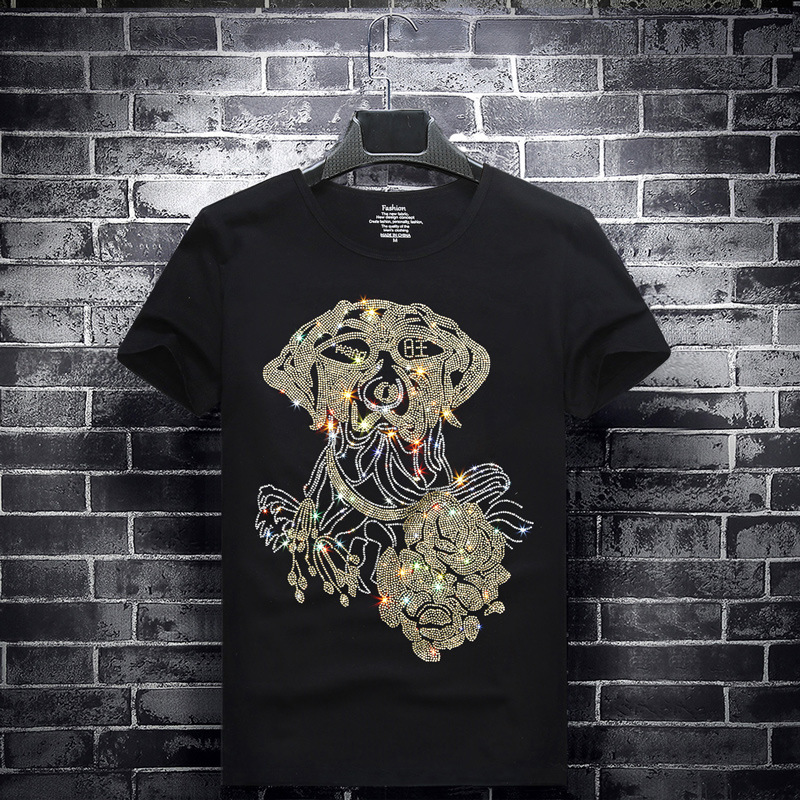 

Dog Head 2019 summer men's fashion brand hot drilling T-shirt short sleeve men's round neck half sleeve youth large size T-shirt, White;black