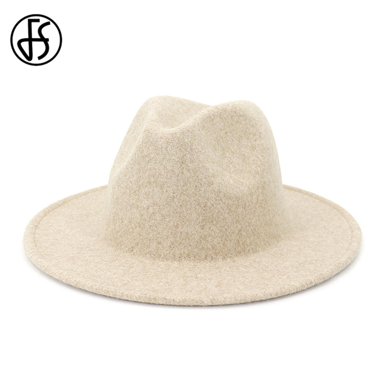 

FS Beige White Wool Jazz Hat Women Men Felt Snap Brim Hats Trilby Ladies Vintage Wool Panama Fedora Cloche Cap, Beige fedora