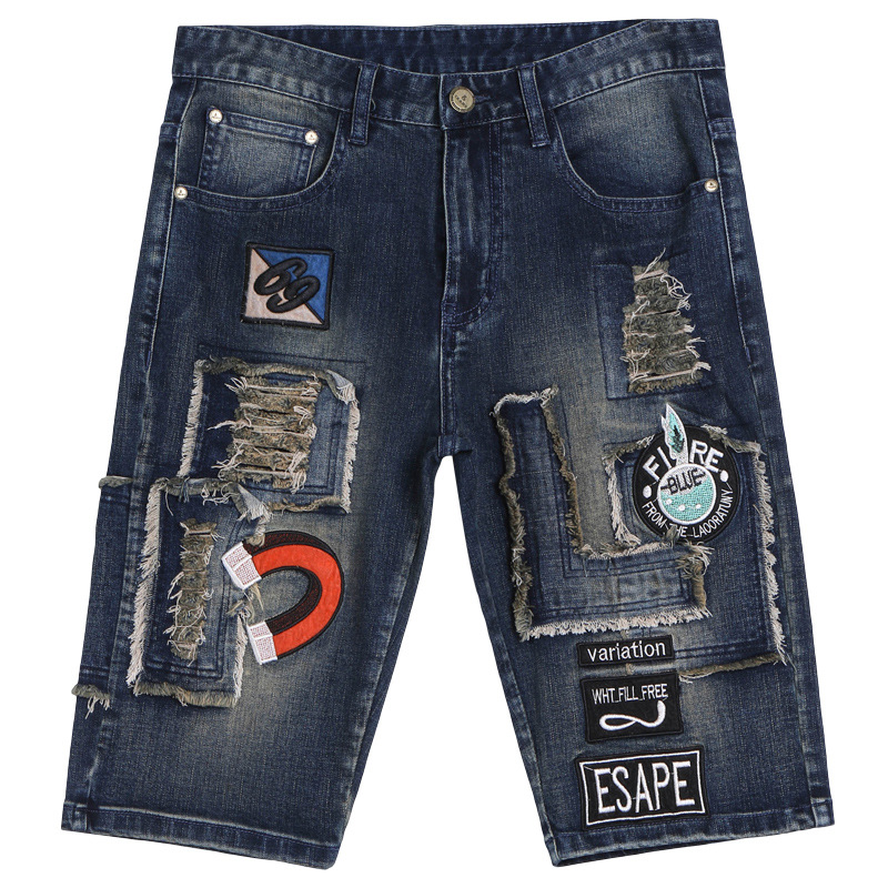 

New Ripped denim pants men's male fashion patch motorcycle shorts trendy embroidered shorts slim-fit badge breeches for men, Blue