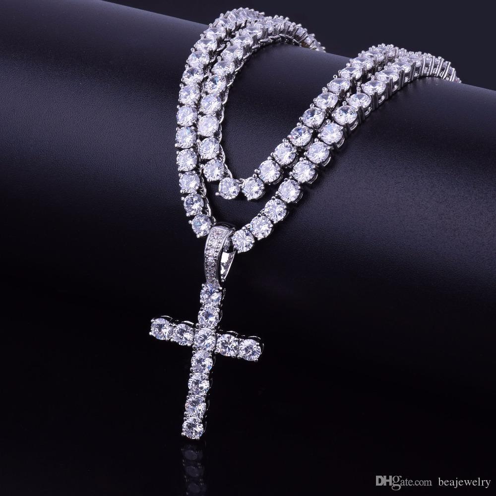 

Iced Out Zircon Cross Pendant With 4mm Tennis Chain Necklace Set Men's Hip hop Jewelry Gold Silver CZ Pendant Necklace