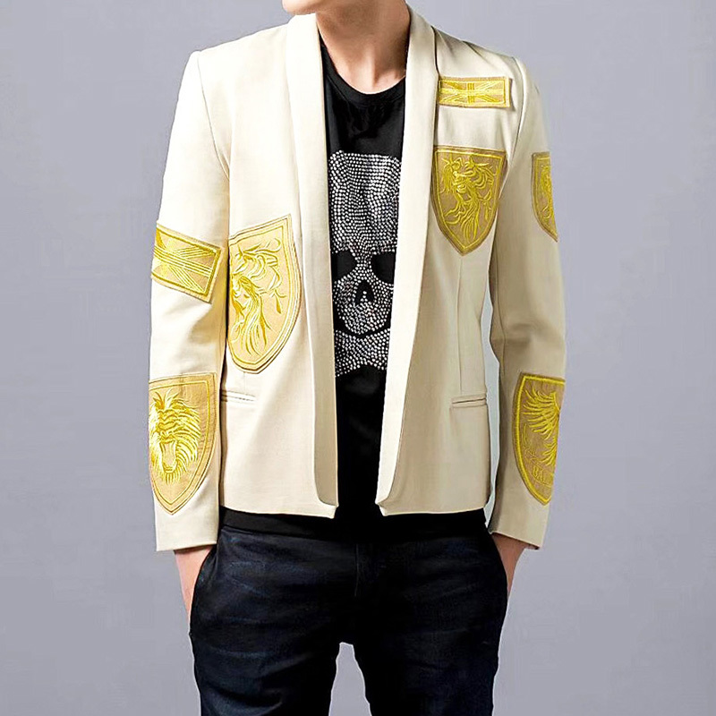

Thread Embroidery Gold Blazer Slim Fit Jacket Singer Coat Fashion Stage Suit Men Party Suit Performer Coat Drama Costume Blazer, Khaki
