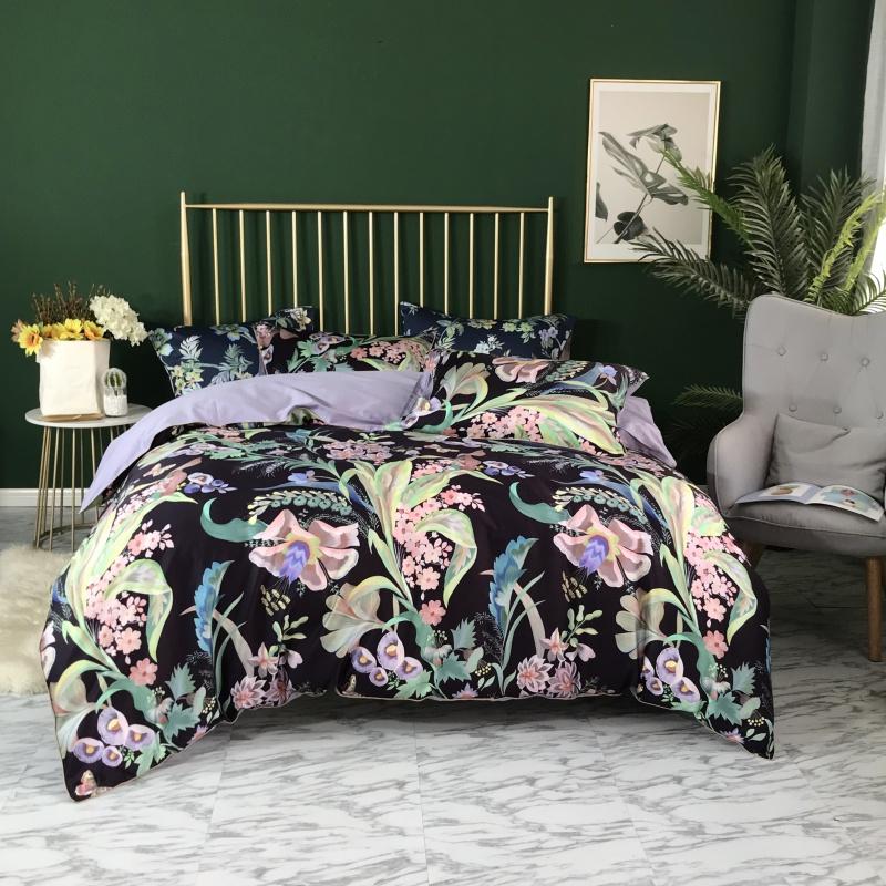 

43 Tropical Floral Leaves Blossom Duvet Quilt Cover Navy Blue Ultra Soft Silky Egyptian cotton Bedding set  QUEEN KING SIZE, Color 1