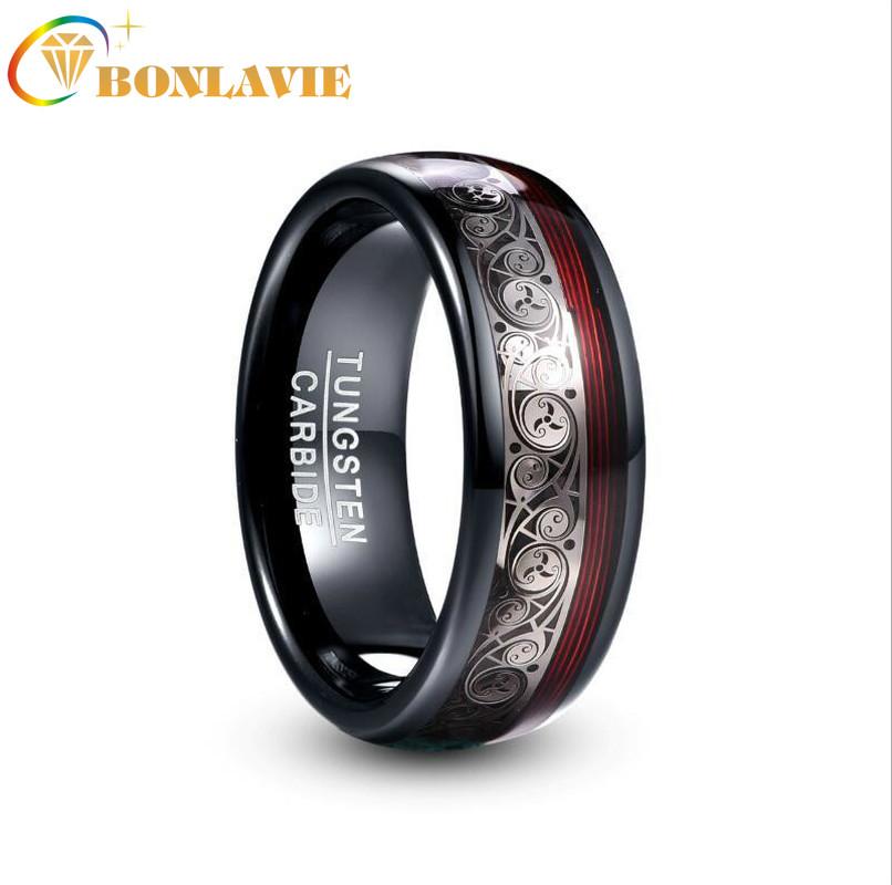 

BONLAVIE 8mm Wide Plating Black Tungsten Steel Ring Inlay Triple Spiral Pattern+Red Guitar String Tungsten Carbide Ring for Men