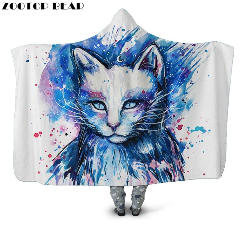 

Cat Hooded Blanket Wearable Fleece Throw Blankets Brand Newest Watercolor Animal Fashion Cloak Soft Adult Bedding 3D painting