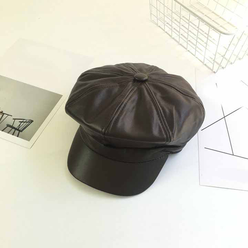 

1PCS Solid Color Fashion Autumn Winter Caps PU Leather Octagonal Cap Male Female Casual Vintage Hats Accessories, Coffee