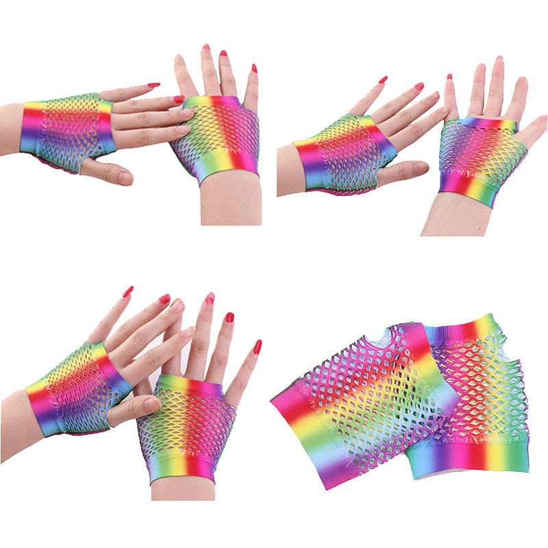 

Female FingerlessTouch Screen Mittens Sexy Rainbow Short Fishnet Half Finger Glove Women Elastic Punk Nightclub Dance Gloves H60