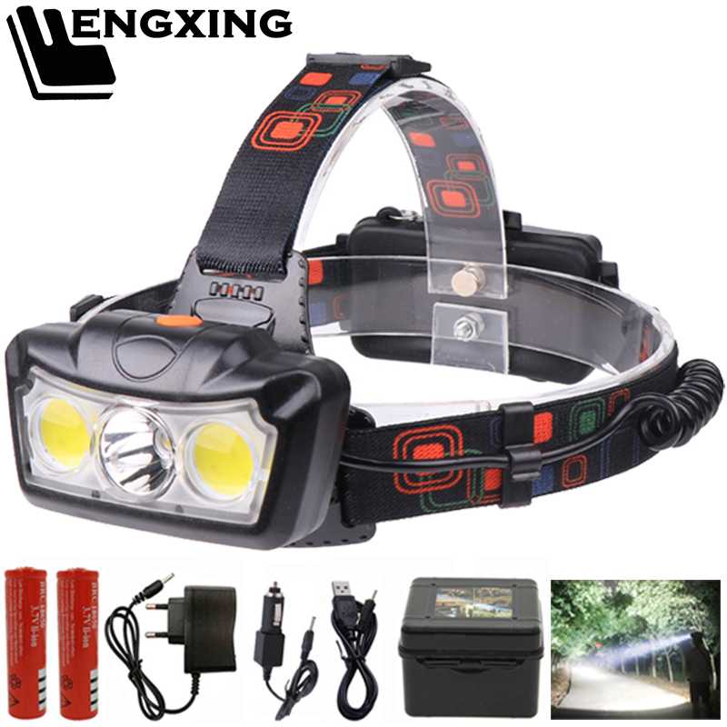 

LED Headlight headlamp T6+2COB Super Bright Head light Lamp 3 LED Torch Lanterna 2*18650 battery for comping, fishing