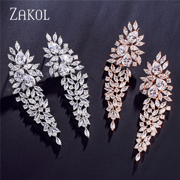 

ZAKOL Luxury Marquise Cut Cluster Zirconia Crystal Long Dangle Earrings Shiny Leaf Bridal Wedding Jewelry for Women FSEP2262