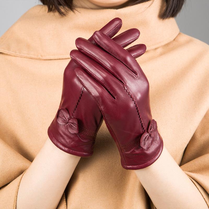 

Winter women real sheepskin leather gloves lovely lady casual genuine sheep leather mitten brand fashion Bow-knot glove