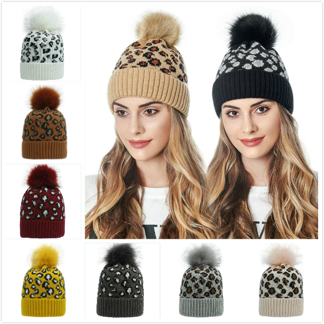 

Leopard Knitted Hat Pom Pom Fur Ball Beanies Women Winter Warm Wool Knitted Hat Outdoor Keep Warm Beanie Caps Travel Party Hats, Blue;gray