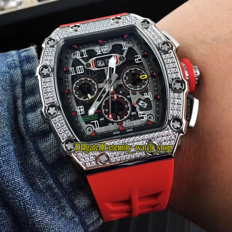 

High Quality Manufacturer R Best Version RM 11-03rg Skeleton Big Date Dial Japan Miyota Mechanical RM11-03 Mens Watch Diamond Case Red Rubbe, Box