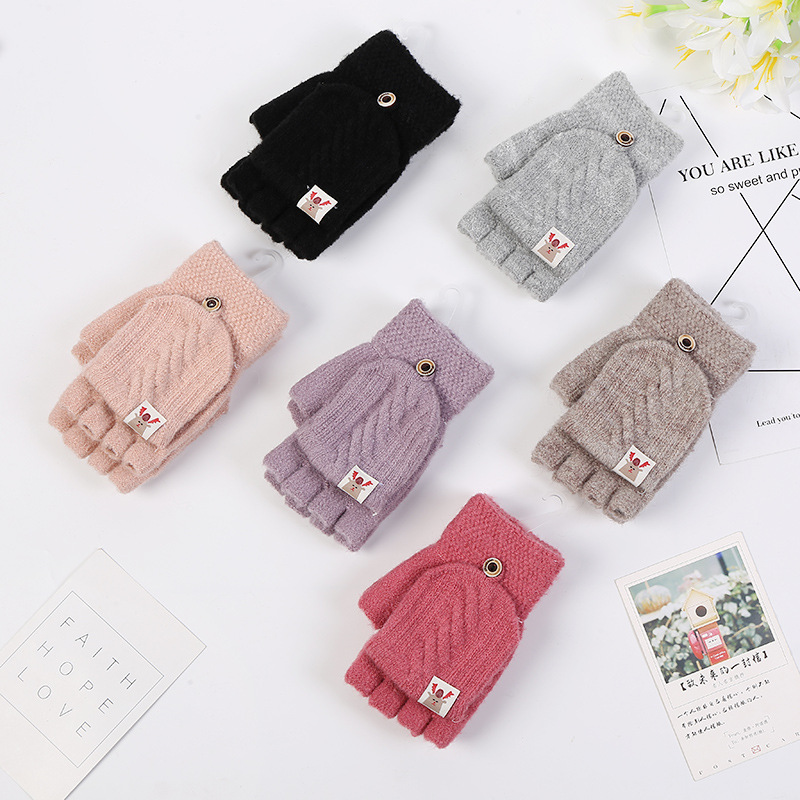 

Women Half Finger Gloves Thermal Thicken Gift Mittens Autumn Winter Hand Warmer Artificial Wool Knitted Flip Soft 1 Pair