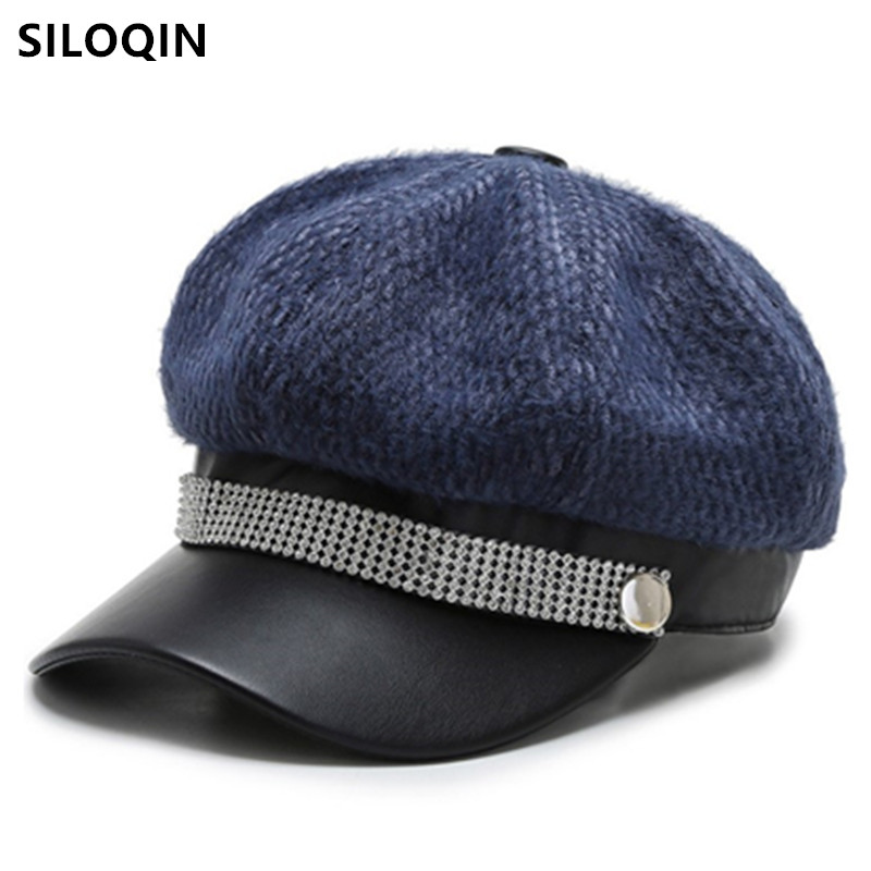 

SILOQIN women PU navy hats autumn winter women's elegant beret hat fashion retro flat cap Boinas new casual vintage female caps, Blue