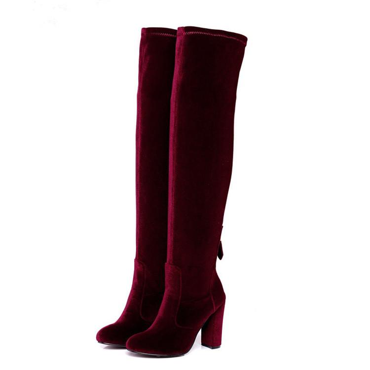 

Velvet Over The Knee Boots Women's 10cm Block Chunky Heel Stretch Thigh High Boots Blue Elastic Botas Mujer