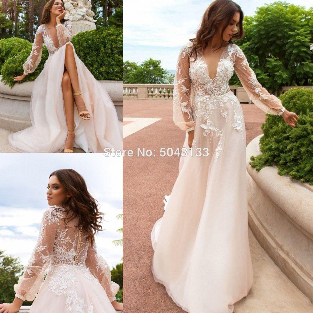 

Bohemian Country Garden Wedding Dresses Top Illusion Floral Flower Beach Bridal Gown puff Long Sleeve Soft Tulle robes de mariée, Ivory