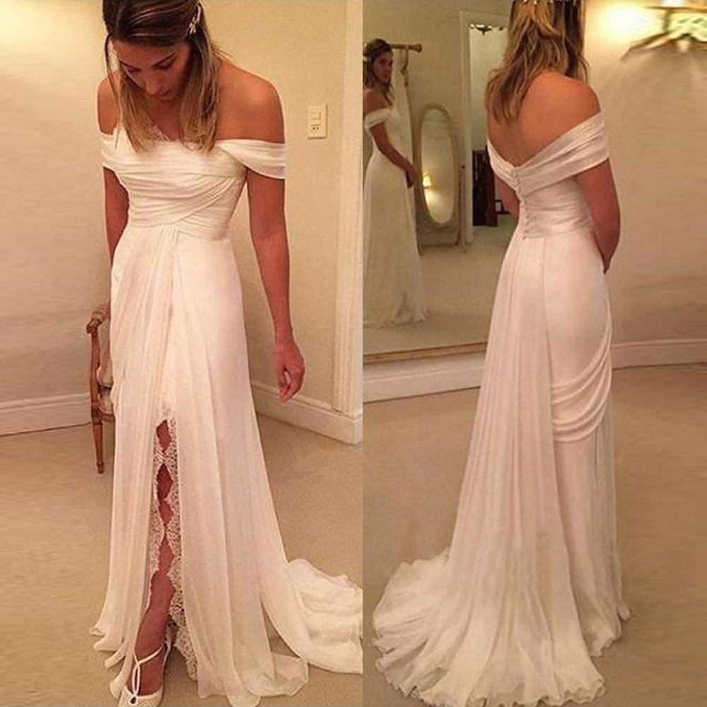

Off Shoulder Boat Neck Long Wedding Dresses A Line Chiffon Sleeveless Front Slit Bridal Dress with Buttons Vestido De Noiva, White