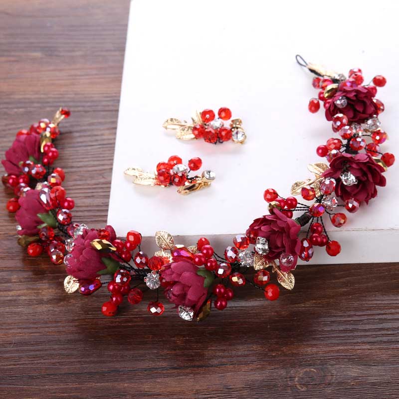 

FORSEVEN Red Pink Crystal Pearl Handmade Crown Tiaras Headpiece Head Jewelry Women Head Piece Wedding Party Hair Accessories JL