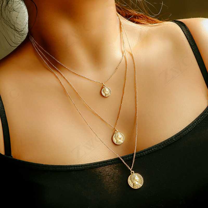 

ZWC Fashion Bohemian Vintage Multilayer Crystal Pendant Necklace For Women Golden Crescent Chains Necklace Wholesale Jewelry New