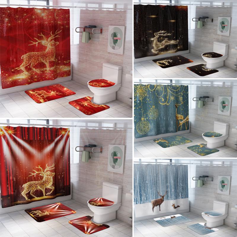 

Various Styles of Christmas Elk Bathroom Curtain Sets 3D Stage Deer Waterproof Shower Curtains Toilet Cover Mat Non Slip Rug
