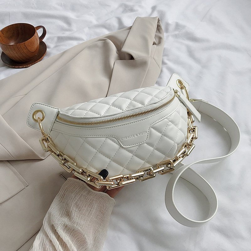 

LENLEI Thick Chain Diamond Chest Bag Shoulder Messenger Belt Bag Women's Korean Fashion Wide Shoulder Strap Dumplings Korean PU, Black