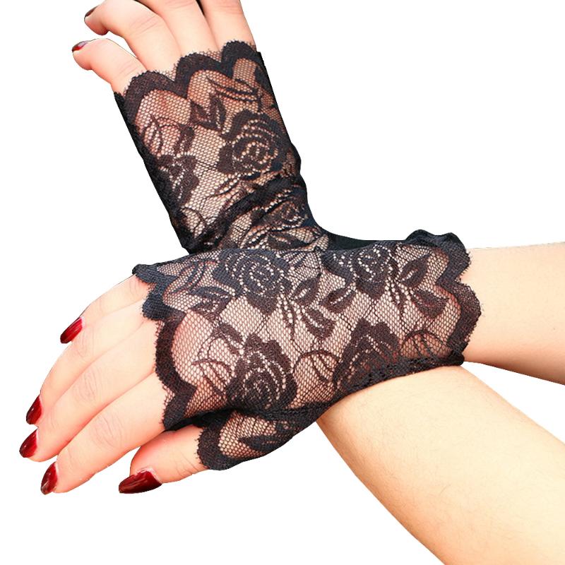 

Lace Floral Long Fingerless Gloves Women Hollow Out Half Finger Fishnet Gloves Mitten Harajuku Black White Red Summer Sunscreen