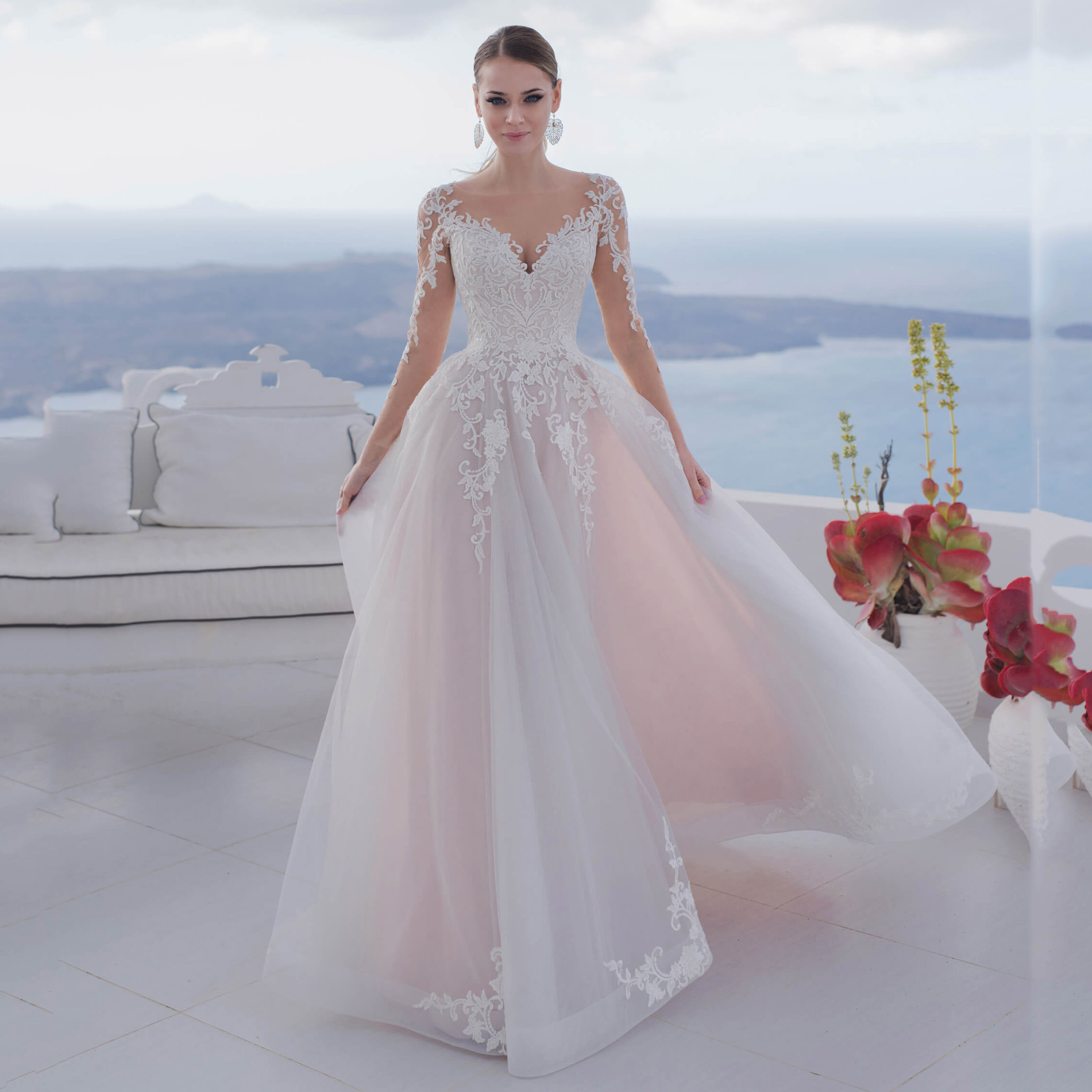 

Thinyfull 2020 Princess Blush Pink Wedding Dresses A Line Sheer Scoop Neck Bride Dresses Tulle Lace Appliques Vestidos de novia, Champagne