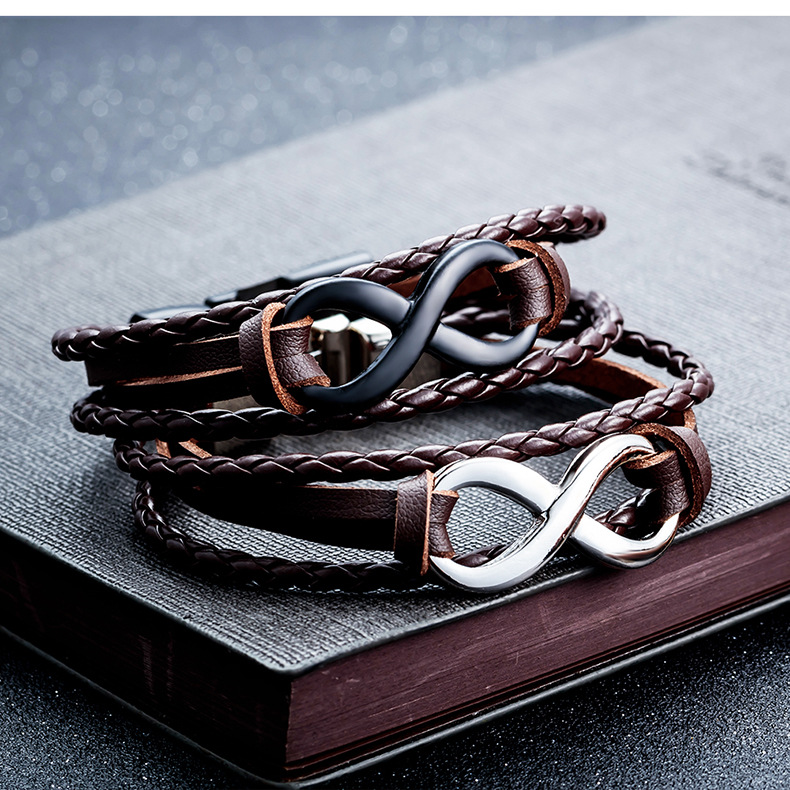 

Stainless Steel Vintage Brown Titanium Steel Men's Multilayer Eternity 8 Word Leather Bracelet Fashion Jewelry Men Bracelets