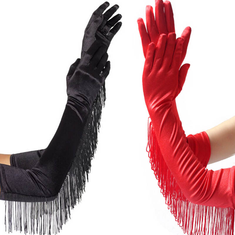 

Dance Performance Mittens Fashion Tassels Long Satin Gloves Women Opera Evening Party Costume Gloves 3 Colors Black White Red