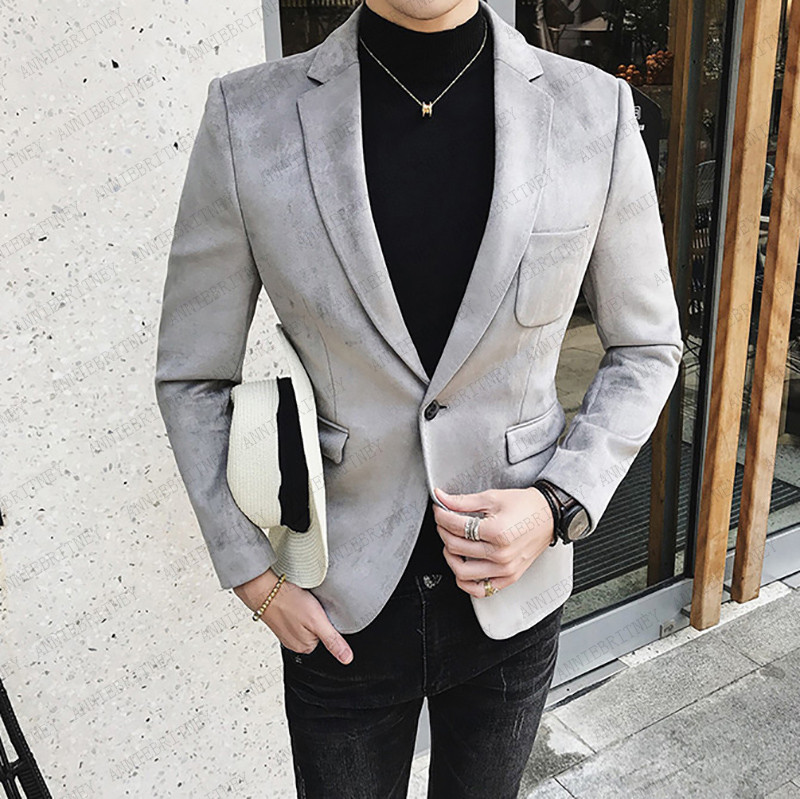 

Grey Suede Men Blazer Slim Man Self-cultivation Leisure Tide Jacket Business Custom Men's Suit Coat Army green Male Blazer 2020, Gray