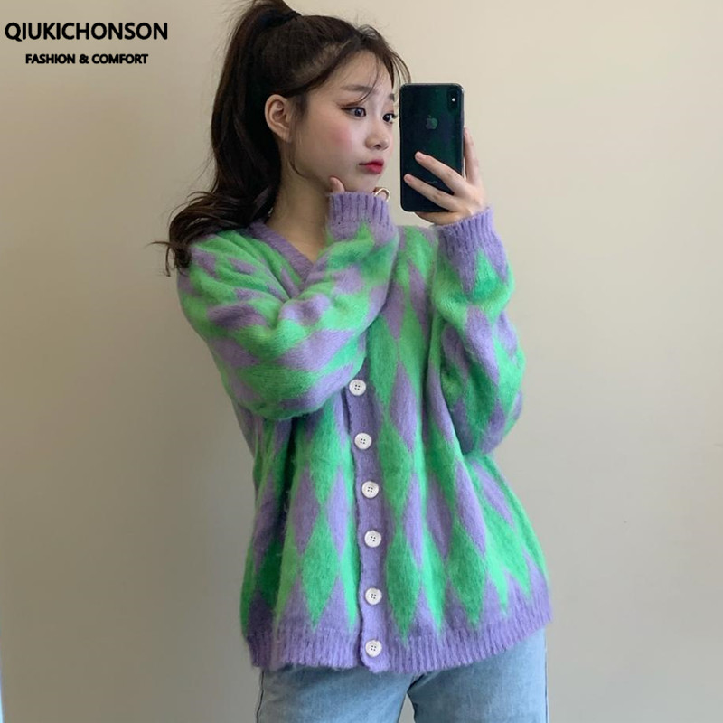 

Vintage green purple contrast color argyle cardigan women autumn winter long sleeve button up cardigan top knitted jacket