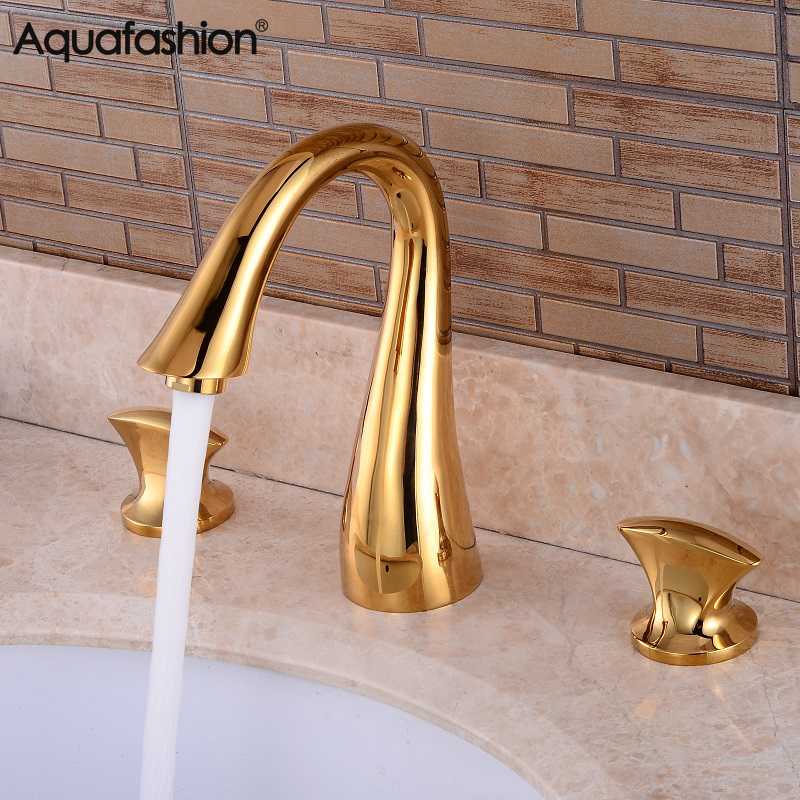 

Free Shipping Gold Bathroom Faucet Brass Hot and Cold Water Deck Mounted Basin Mixer Tap Contemporary Bathroom Sink Faucet