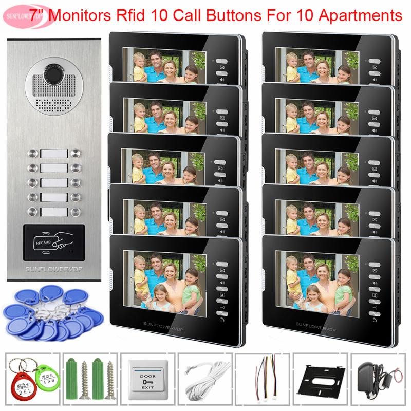 

For 10 Apartments Video Doorbell With Monitors Access Control White Black 7" Monitors Intercom for Home Video Door Intercom Door