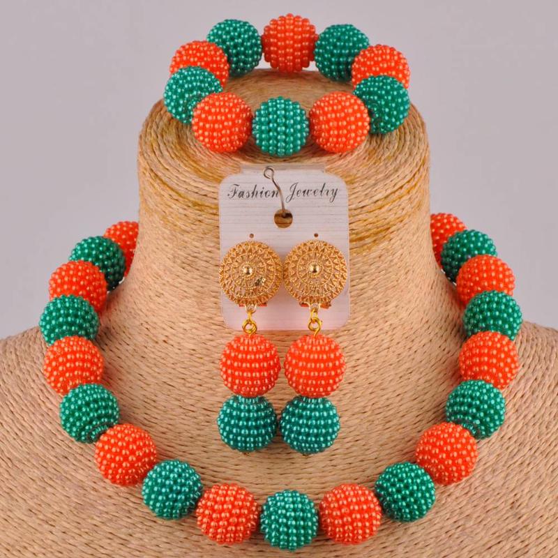 

teal green army green orange african necklace nigerian beads jewelry set simulated pearl costume wedding jewelry sets FZZ97, As pic