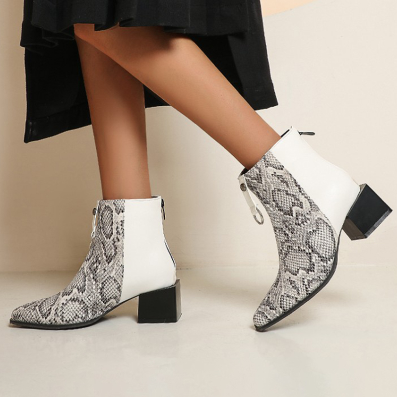 

Fashion Leather Snake Boots Women Plus Size 34-43 Shoes 2020 Chunky Square Heels Serpentine Ankle Botas Front Zipper Boots Mujer, White
