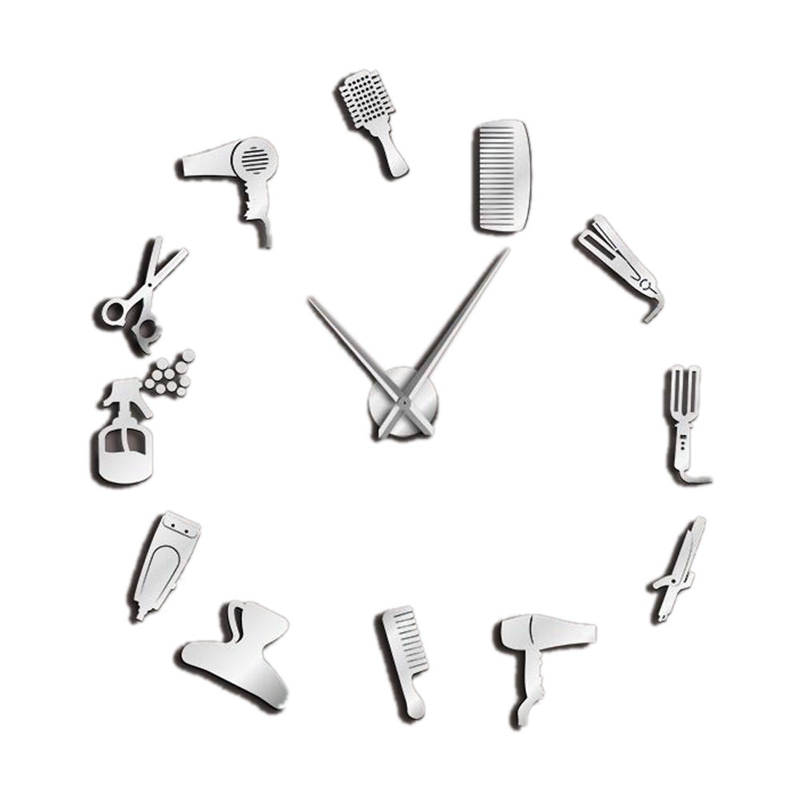 

Diy Barber Shop Giant Wall Clock with Mirror Effect Barber Toolkits Decorative Frameless Clock Watch Hairdresser Wall Art