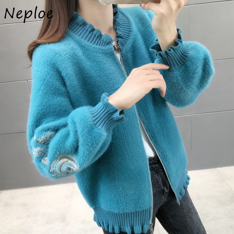 

Neploe Korean Faux Mink Cashmere Sweater V Neck Embroidery Long Lantern Sleeve Zipper Cardigans Autumn Winter New Fashion Coats, Lake blue