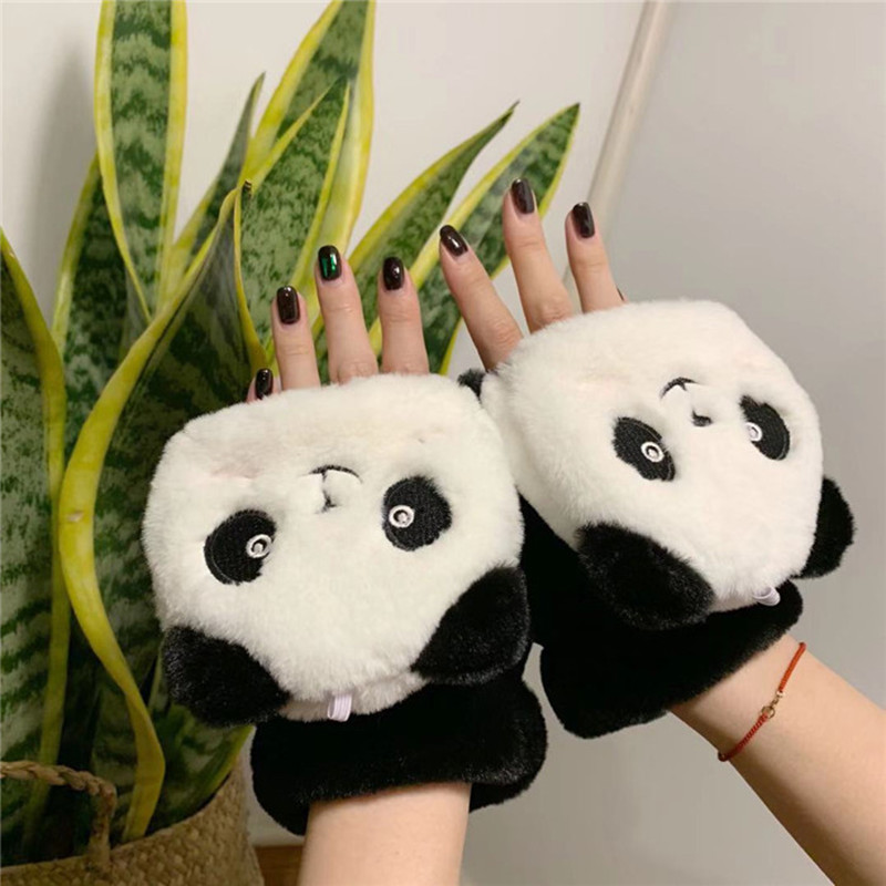

warm winter gloves for women cute panda Thicken plus velvet girl hanging cotton gloves fingerless