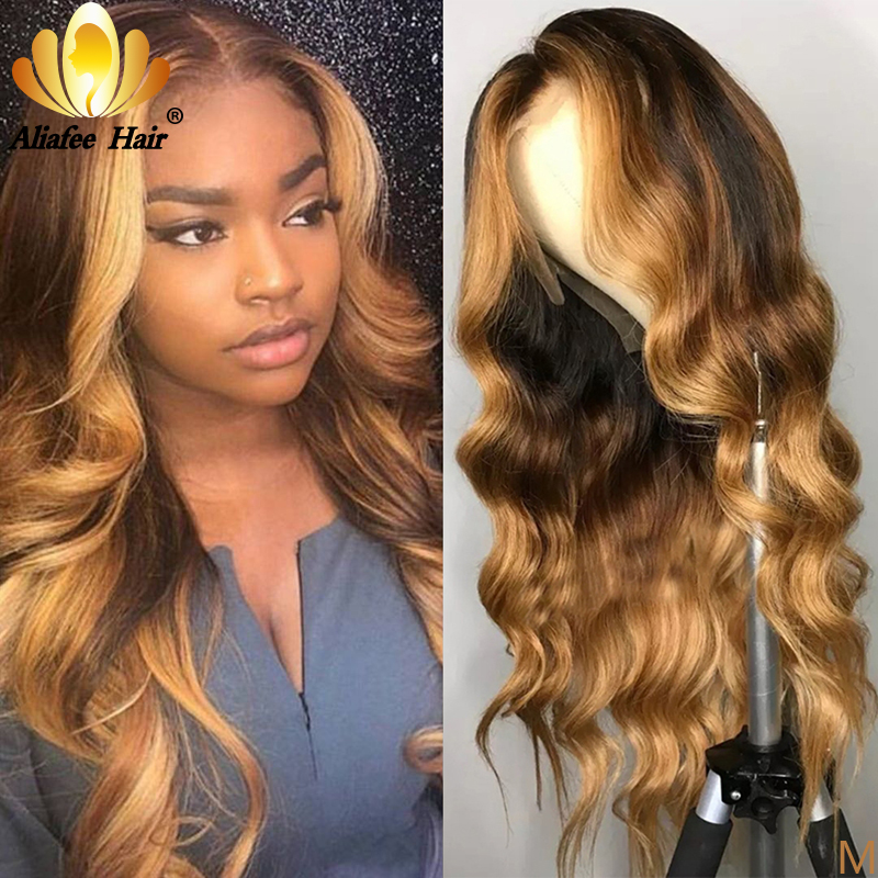 

Aliafee Transparent Highlight Body Wave Colored Wigs Pre Plucked Lace Front Human Hair Wigs Ombre T Part Wig For Black Women, Natural color
