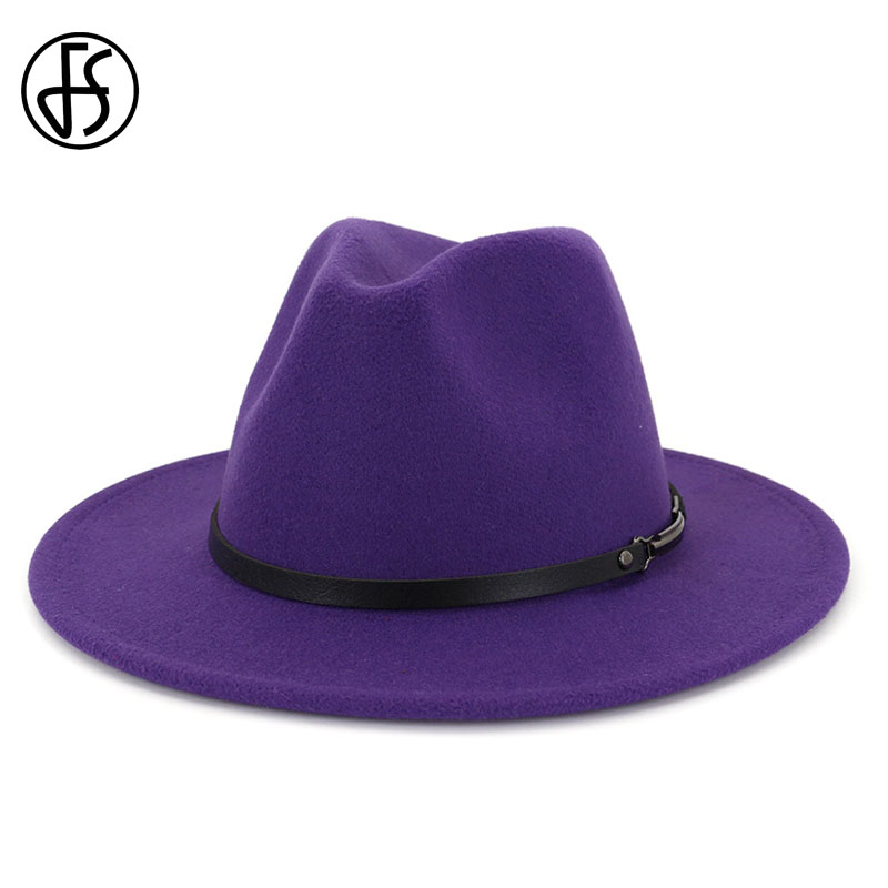 

FS Purple Wide Brim Simple Top Hat Panama Solid Color Felt Fedoras Hat for Men Women Elegant Lady Wool Jazz Cap, Red