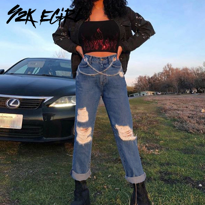 

Y2K EGIRL Distressed High Waist Straight Jeans with Cross Chain Hollow Out Punk Style A-nkle Length Pant 90s Streetwear Autumn, Dark blue