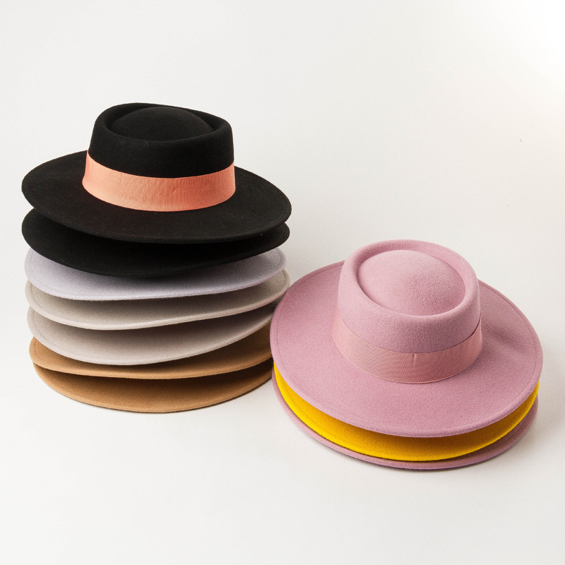 

The new ring-shaped flat-top wool felt big eaves Bowler hat ladies spring and autumn and winter fashion flat-top woolen hat, Style 3