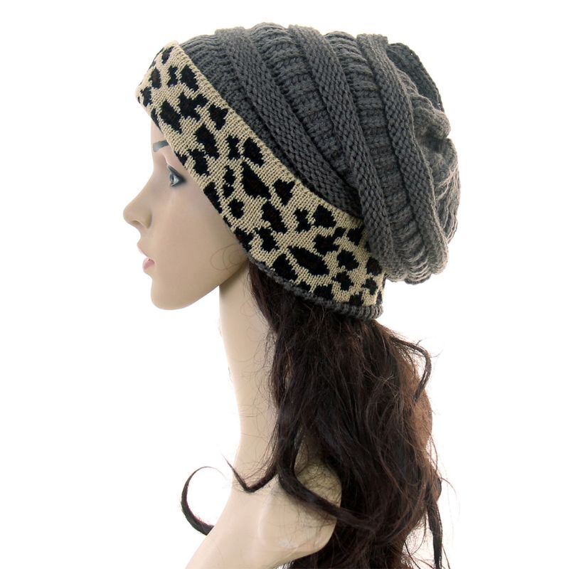 

Women Winter Acrylic Chunky Knitted Skull Cap Leopard Print Cuffed Casual Outdoor Warm Stretchy Baggy Slouchy Beanie Hat, White