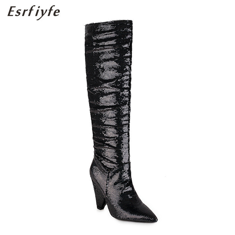 

ESRFIYFE 2020 New Women Knee High Boots Fashion sequined cloth Women Long Boots High Heel Pointed Toe big Size 34-48, Black