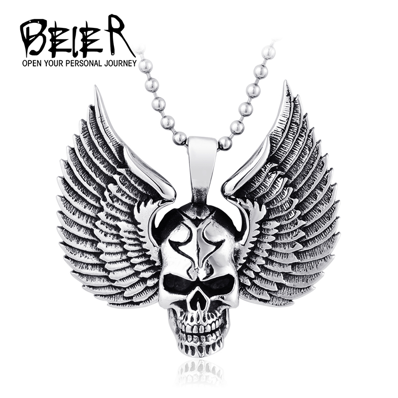 

BEIER Wholesale Stainless Steel Skull Pendant Necklace For Man Punk wing Jewelry good detail choker free shipping BP8-138