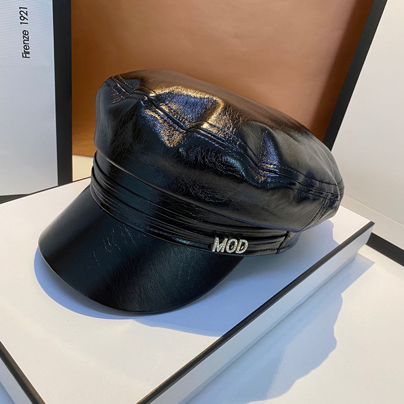 

Women PU Leather Octagonal Hats Korean Style Luxury Casual Vintage Octagonal Solid Caps Hats Autumn Winter New Arrival, Black