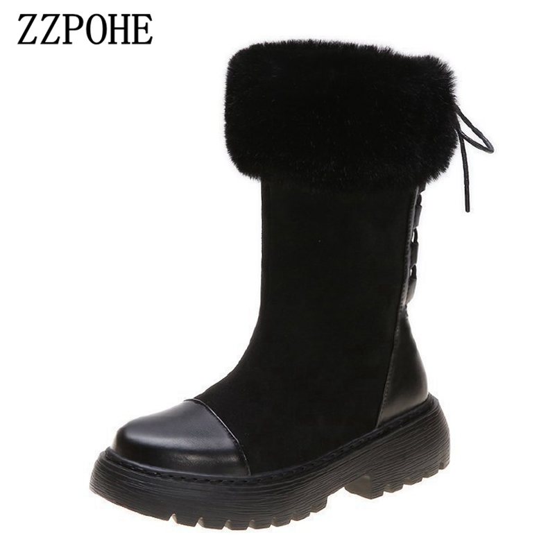 

ZZPOHE 2020 winter new female snow boots casual tube and calf cotton boots thick bottom plus velvet thick warm cotton, Black